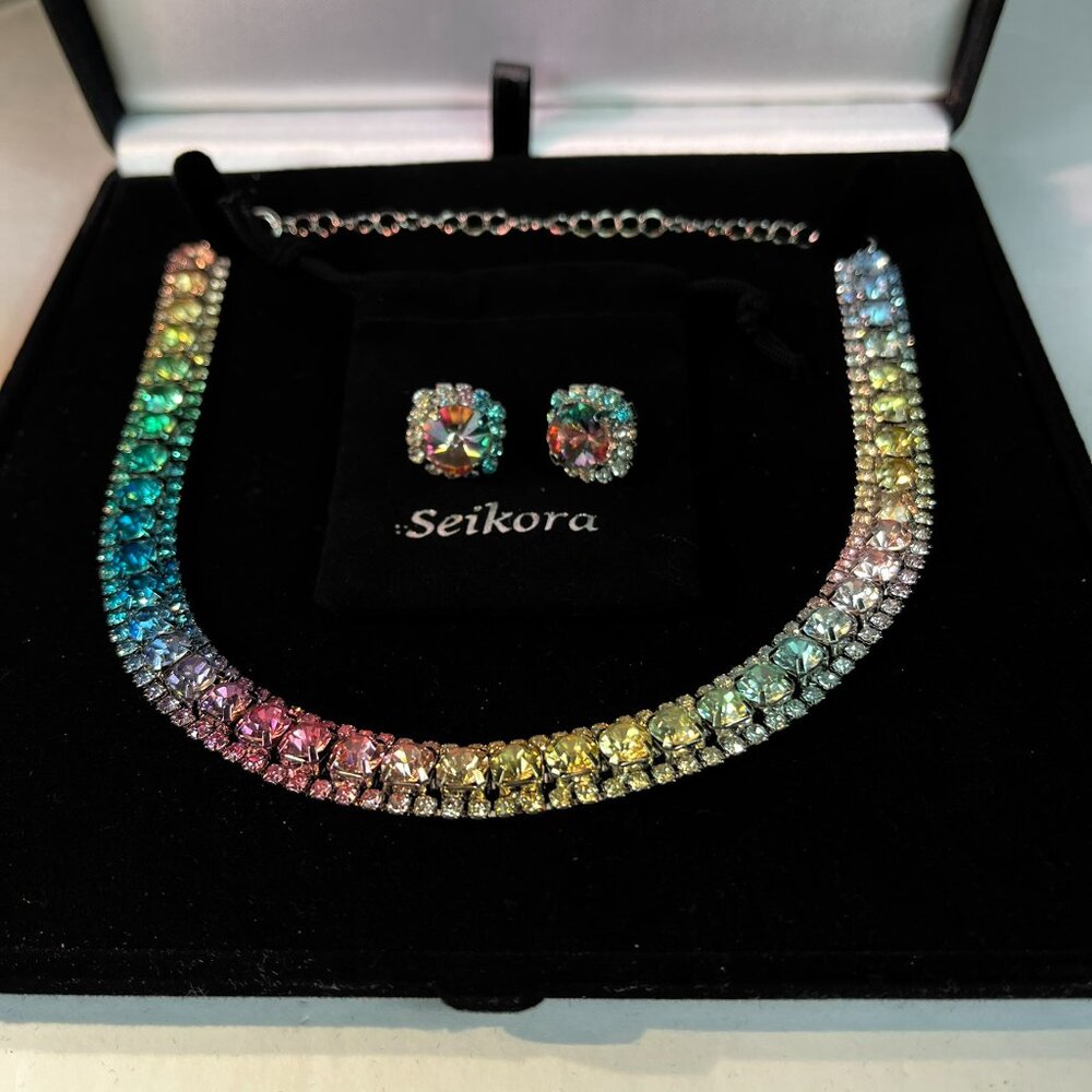 Choker Necklace Earrings Jewelry Set Green Zirconia Multi color with Gift Box